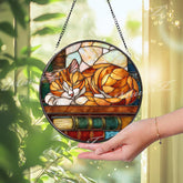 Cat Stained Glass Suncatcher, Oval Cozy Sleeping Tabby with Books Window Panel, Feline Lover Glass Art Library Reading Home Decor Gift